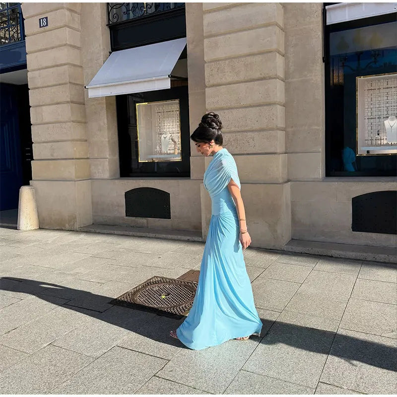 Blue Irregular Shawl Maxi Dress Slim Fit Pleated Turtleneck Elegant Evening