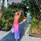 Gradient Print Backless Strapless Maxi Dress For Women Chest Wrap