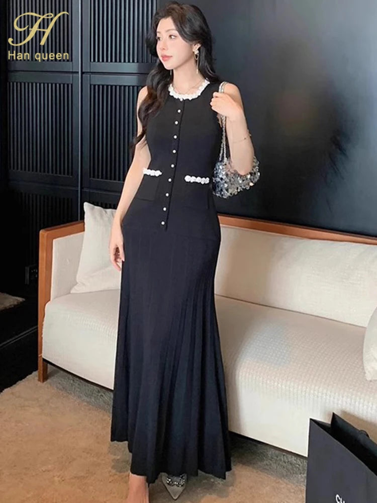 Floral Pearl Knit Maxi Dress Sleeveless O-Neck With Pleated Details