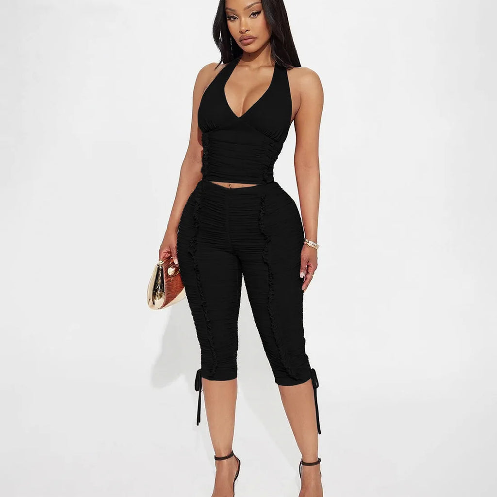 V Neck Halter Crop Top Two Piece Set With Sleek Fitted Pants