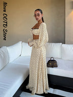 Polka Dot Two-piece Set Square Neck Puff Sleeve Cropped Top With Lace Trim Maxi Skirt