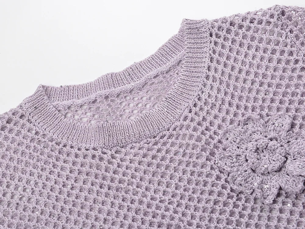 Sunlit Hollow Knit Top Elegant Long Sleeve Jumper Lightweight Sweater
