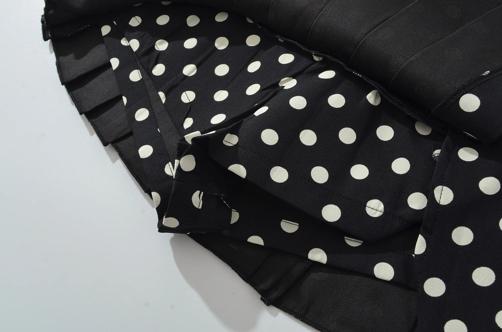 Black Polka Dot Pleated Mini With Shorts Lining Low Waist Skater Style Button Details