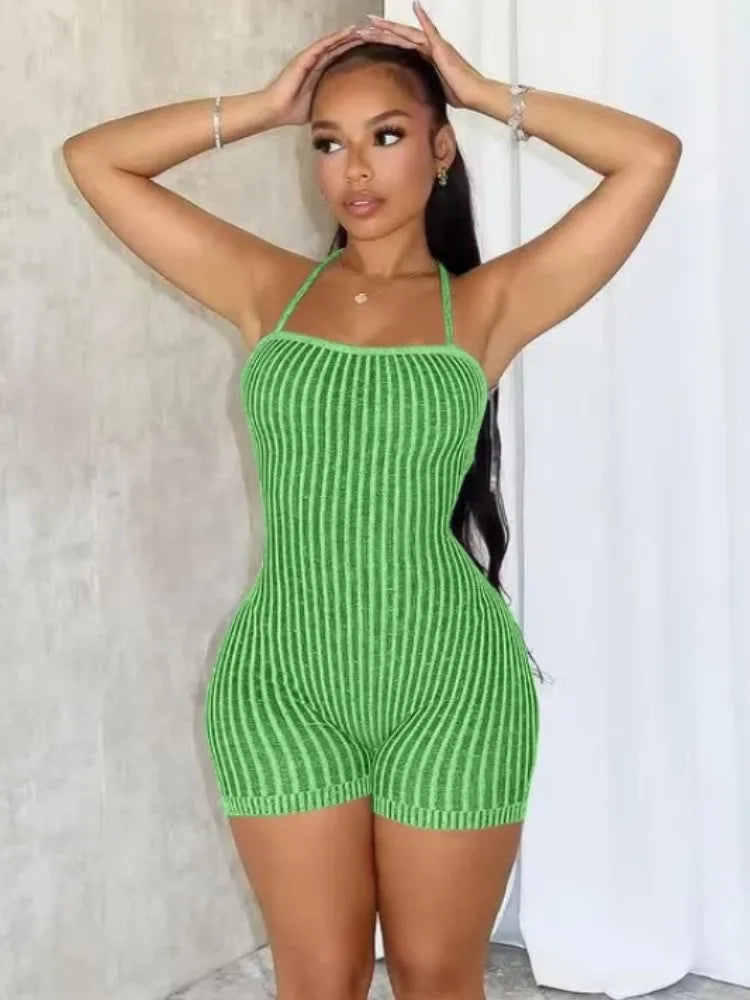 Backless Striped Knit Romper With Bandage Flattering Fit