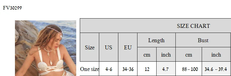 Women's Seashell Bikini Top White Ribbon Tie Straps Mermaid Core Swimwear