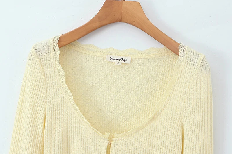 Women Fashion Sweet Lace Patchwork Knitted Cardigan Vintage O-Neck Long Sleeve Sweater