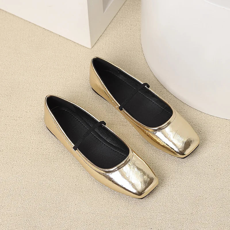 Metallic Square-Toe Mary Janes Slip-On Flats