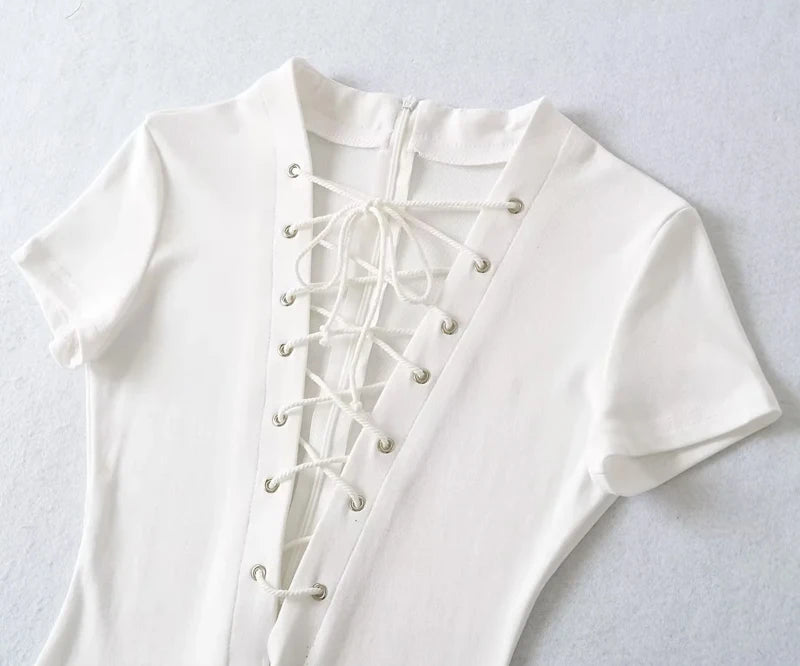Sexy Lace Up Front Short Sleeve Playsuit In Knit Fabric Flirty One Piece Romper