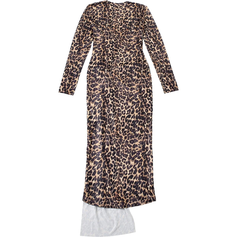 Leopard Print Ruched Deep V Neck Dress With Ribbon Tie And High Split