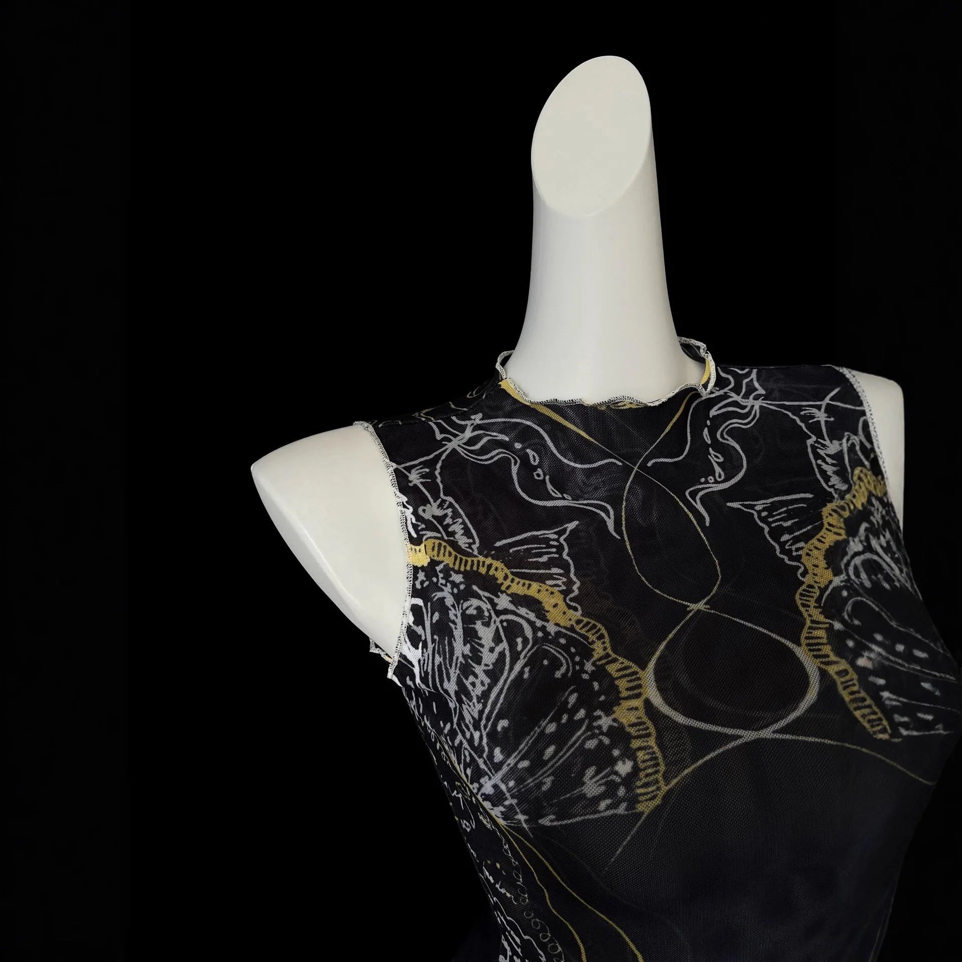 Chic Double Layer Mesh Tee With Elegant Print And High Collar Short Sleeve Women Net Shirt