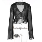 Chiffon Sheer Crop Tank Top With V Neck And Flare Sleeves