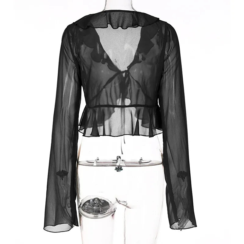 Chiffon Sheer Crop Tank Top With V Neck And Flare Sleeves