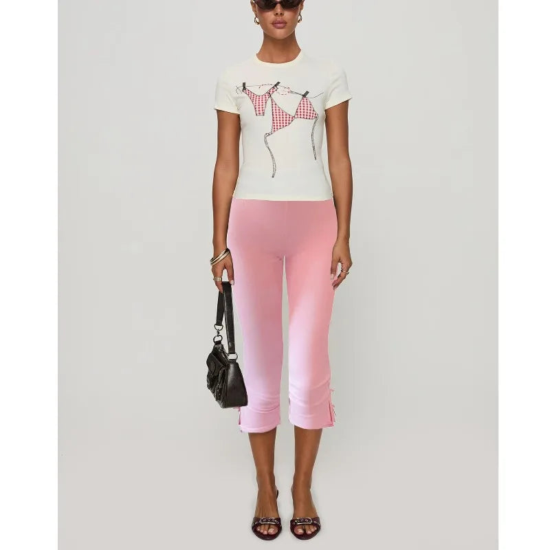 Women's Y2K Cute Capri Pants Solid Color Satin Bow Decor Side Split Summer Slim CroppedTrousers Stretch Crop Leggings