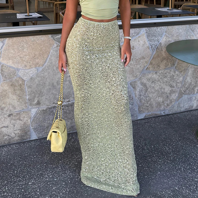 Mesh Sheer Floral Lace Pencil Skirt Up With Subtle Sequins And Flattering Regular Fit