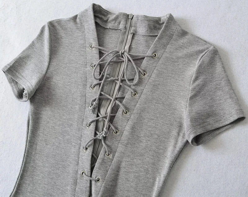 Sexy Lace Up Front Short Sleeve Playsuit In Knit Fabric Flirty One Piece Romper