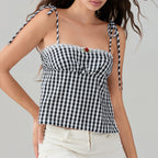 Sweet Open Back Camisole With Shirred Tie Up Spaghetti Straps Lace Trim And Square Neck