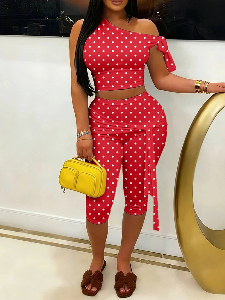 Polka Dot One Shoulder Crop Top Set With Tie Waist Capri Leggings