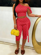 Polka Dot One Shoulder Crop Top Set With Tie Waist Capri Leggings