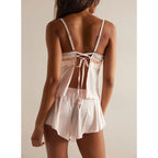 Two Piece Set With Lace Trim Backless Camisole And Floral Patchwork Shorts