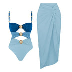 Off Shoulder Patchwork Belted One Piece Swimsuit With Cover Up for Beachside