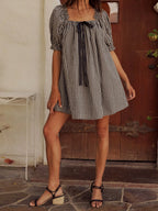Gingham Babydoll Mini Dress With Puff Sleeves And Bow