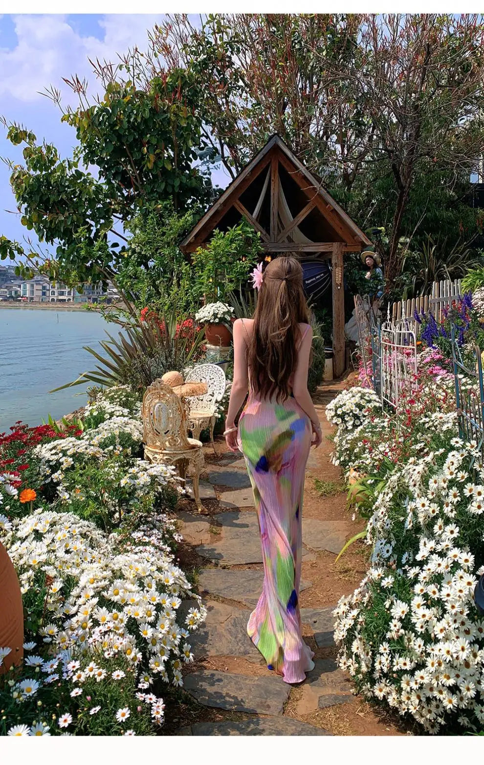 Pink Tie Dye Spaghetti Strap Maxi Dress For Beach Vacation Pleated Sleeveless Elegant Bodycon