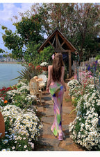 Pink Tie Dye Spaghetti Strap Maxi Dress For Beach Vacation Pleated Sleeveless Elegant Bodycon
