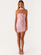 Embroidered Sequin Dress With Wrap Silhouette High Waist Sleeveless