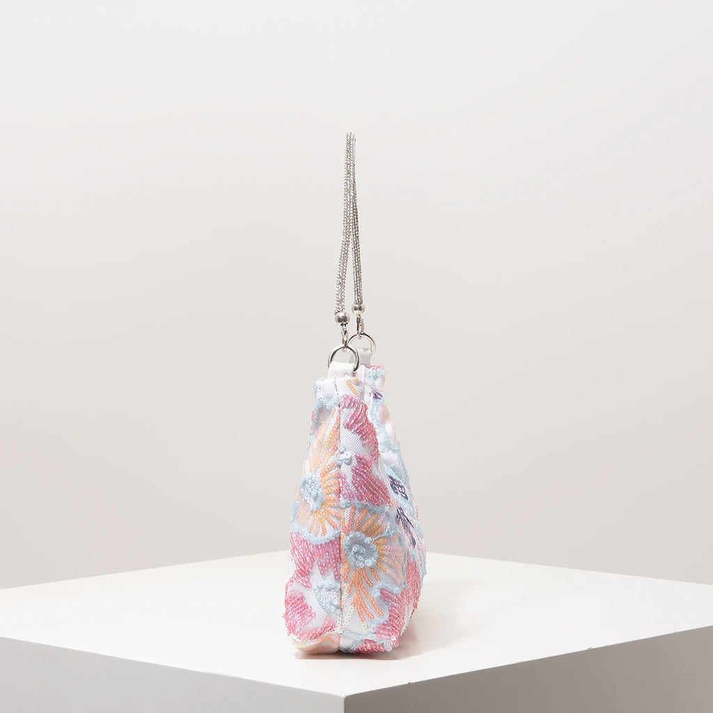 Floral Embroidered Sequin Shoulder Bag For Women Crescent Shape Evening Purse