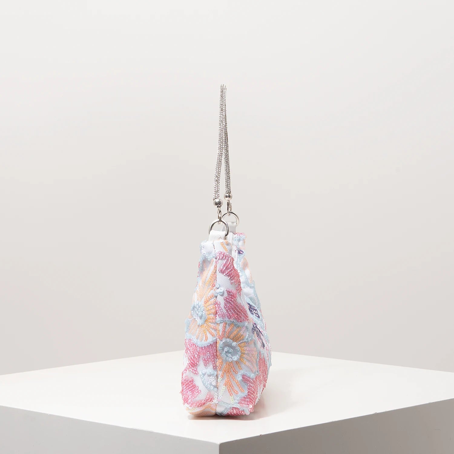 Floral Embroidered Sequin Shoulder Bag For Women Crescent Shape Evening Purse
