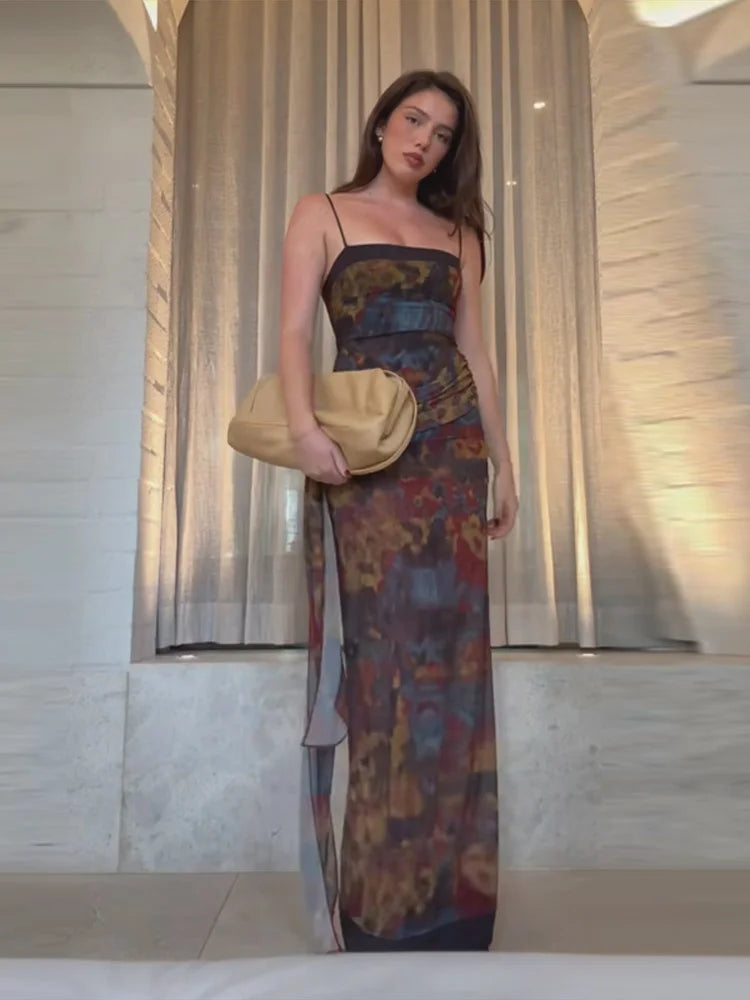 Dreamy Tie Dye Maxi Dress With Spaghetti Straps And Ruched Waist Sash Accent Breezy Vintage Style