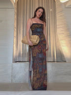 Dreamy Tie Dye Maxi Dress With Spaghetti Straps And Ruched Waist Sash Accent Breezy Vintage Style