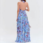 Elegant Patterned Dress With Lace Up Halter Neck Slim Long Silhouette And Ruffle Detail
