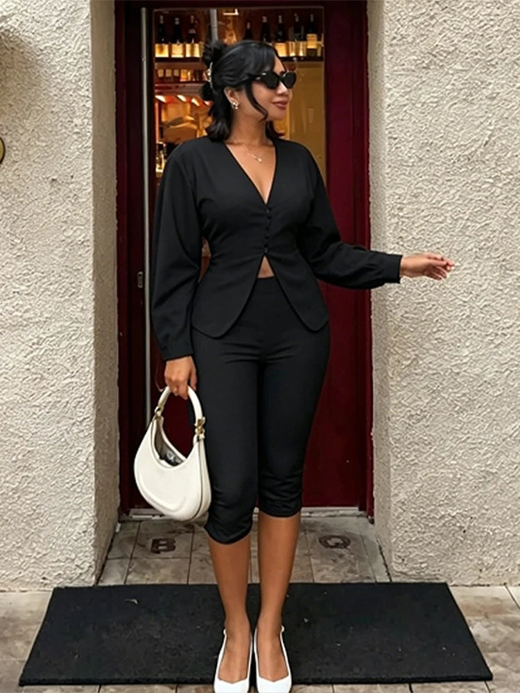 Sleek Blazer Capri Set For Women V Neck Jacket With Matching Pants