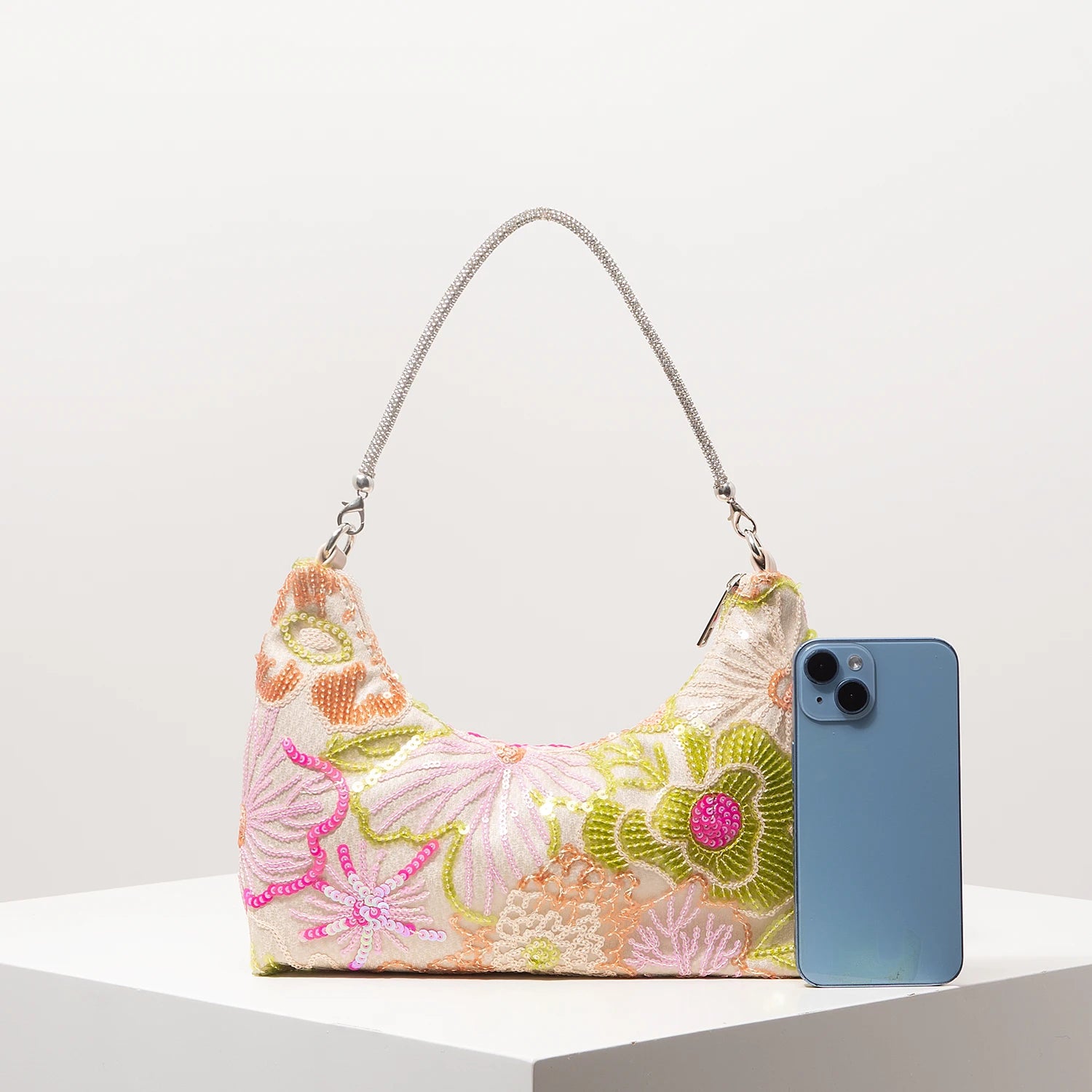 Floral Embroidered Sequin Shoulder Bag For Women Crescent Shape Evening Purse