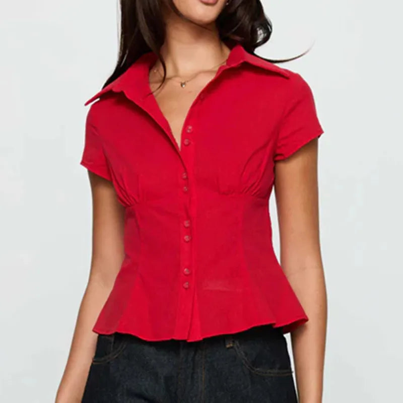 Vintage Plaid Button Down Shirt For Women Short Sleeve Blouse