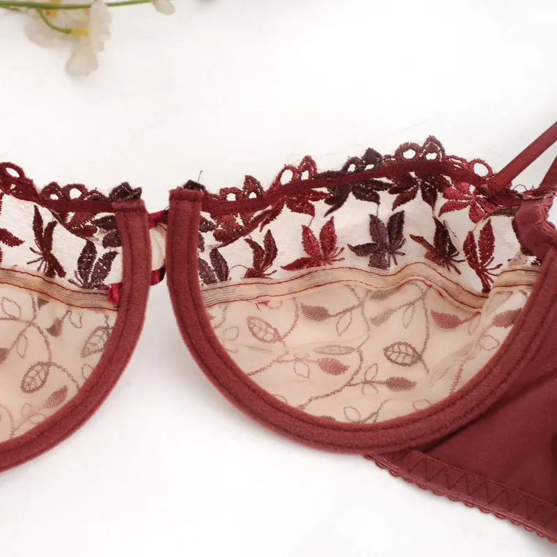 Burgundy Lace Mesh Push Up Bra Set With Embroidery Ultra Thin Sexy Lingerie For Women