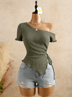 Ribbed One Shoulder Top With Asymmetrical Hem, Drawstring Ruched Detailing