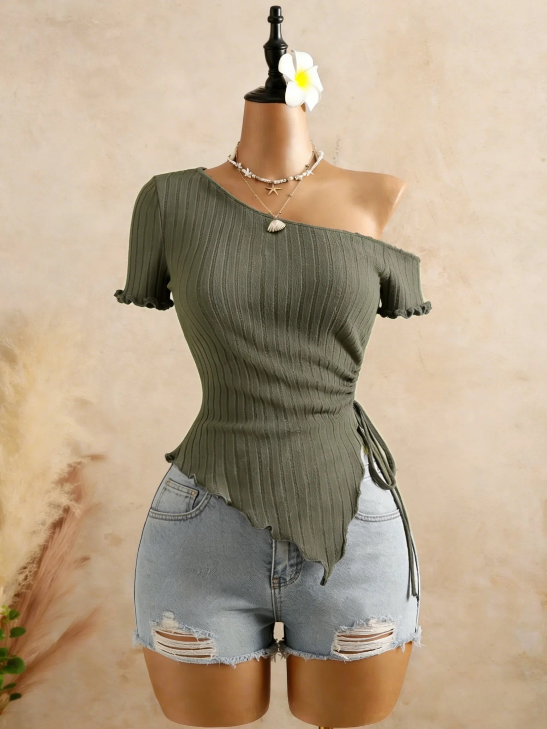 Ribbed One Shoulder Top With Asymmetrical Hem, Drawstring Ruched Detailing