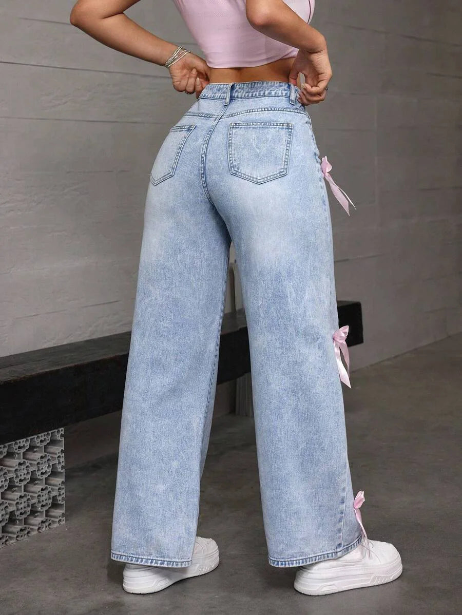 Street Chic Bowknot Denim Jeans With Loose Straight Wide Leg Silhouette In Washed Finish