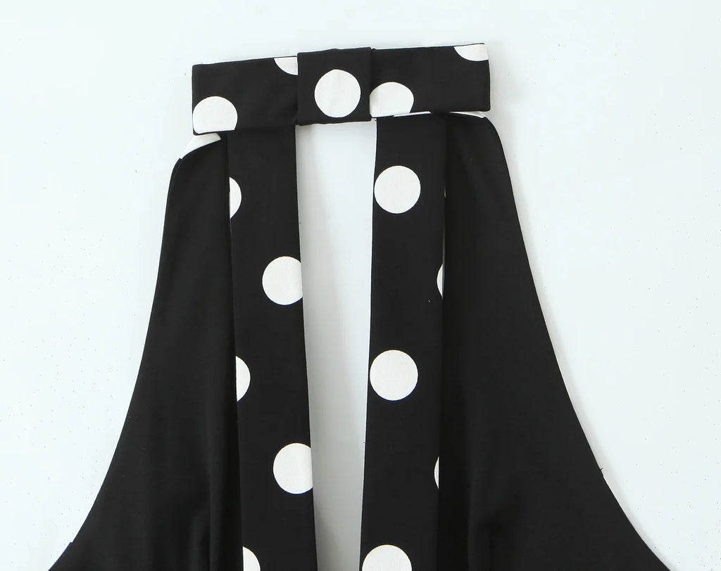 Women Fashion Sleeveless Backless Sexy Black Polka Dot Bow Neck Halter Top