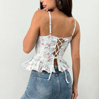 Floral Print Coquette Crop Corset Top With Spaghetti Straps And Ruffle Hem