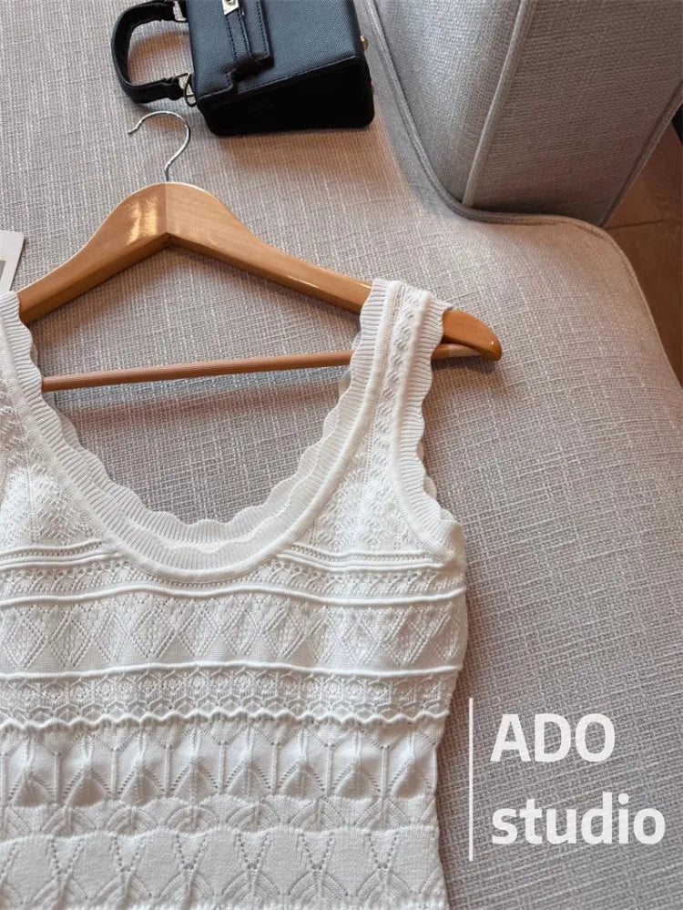 A Line Dress With Ruffled Knitted Vest For Women French Style