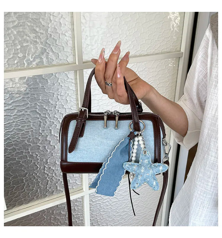 Denim Crossbody Bag With Embroidered Ruched Detailing And Subtle Rivet Accents