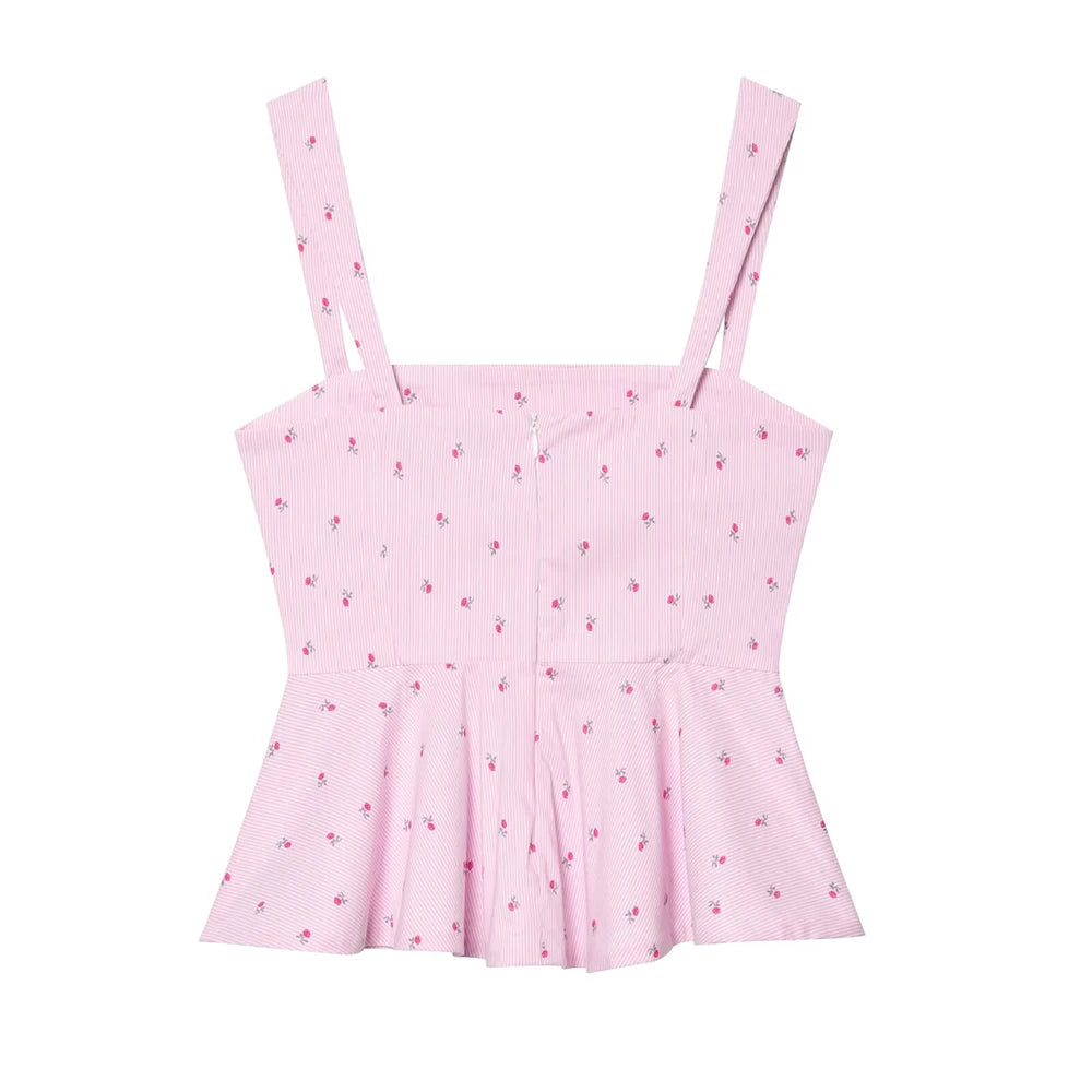 Pink Printed Pleated Backless Zipper Tops Vintage Straps Square Collar Camis Top