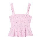Pink Printed Pleated Backless Zipper Tops Vintage Straps Square Collar Camis Top