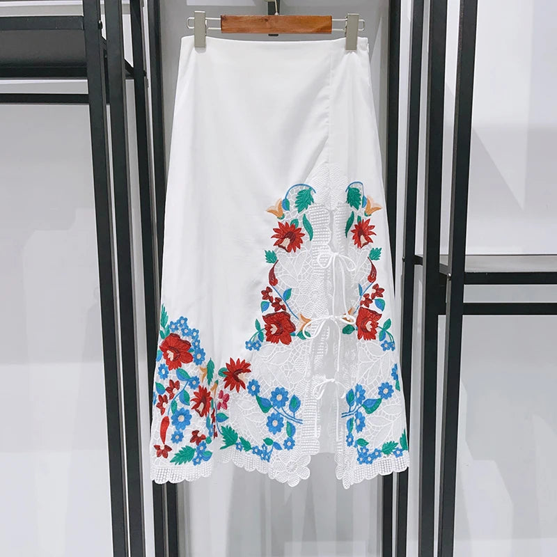 Romantic Floral Lace Embroidered Midi Set With Sleeveless Top And Side Slit Skirt