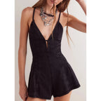 Retro Denim Playsuit With Cross Tie Backless V Neck Zip Front Loose Wide Leg Romper