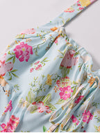 Floral Halter Midi Dress With Spaghetti Straps, Backless Corset Waist Tie Up Detail