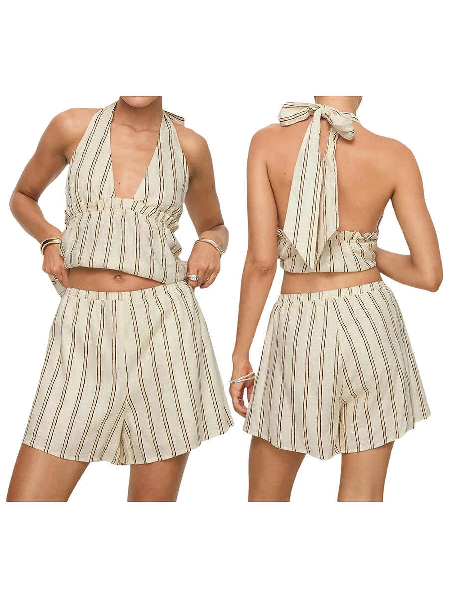 Striped Loungewear Set With Tie Up Halter Top And Elastic Waist Shorts